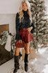 Sequin Mock Neck Drape Open Back Bell Sleeve Lined Top